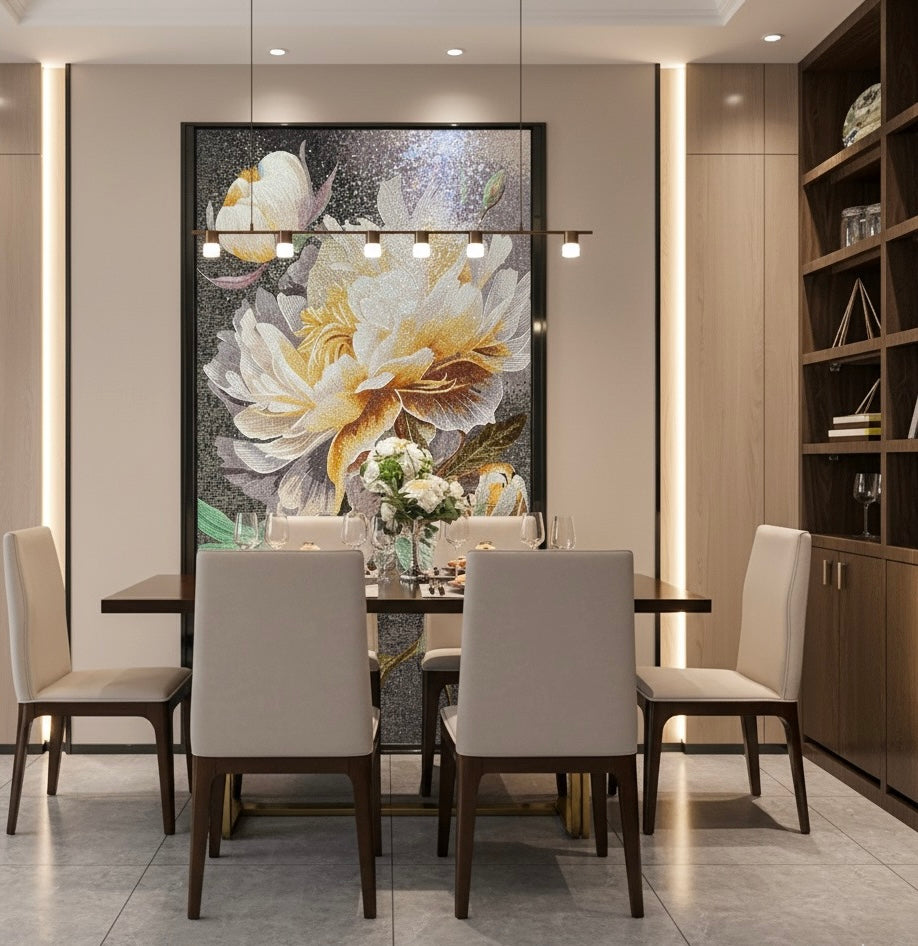 Luminous Peony Custom Glass Mosaic Mural - Elegant Floral Art Tile
