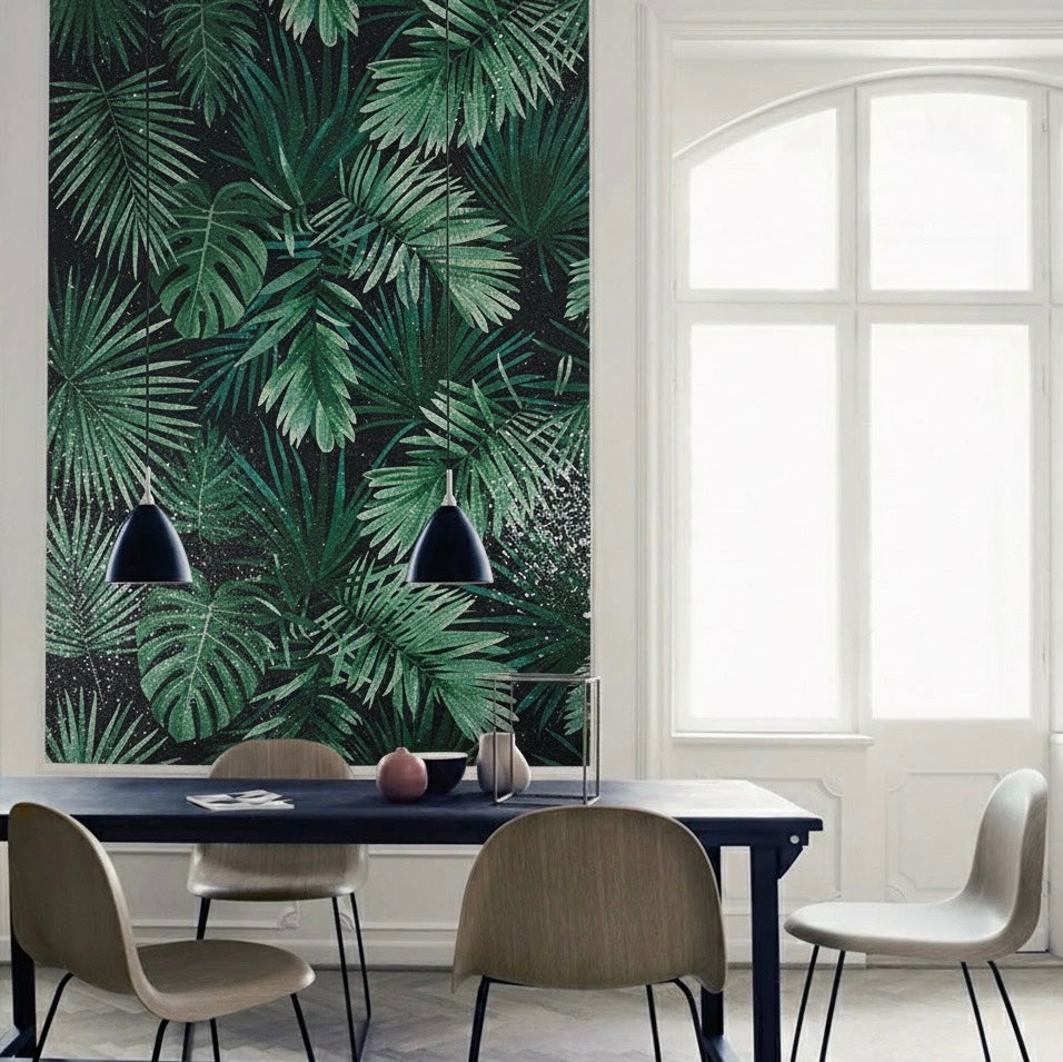Lush Tropical Palm Leaf Glass Mosaic Mural - Custom-Sized Rainforest Art