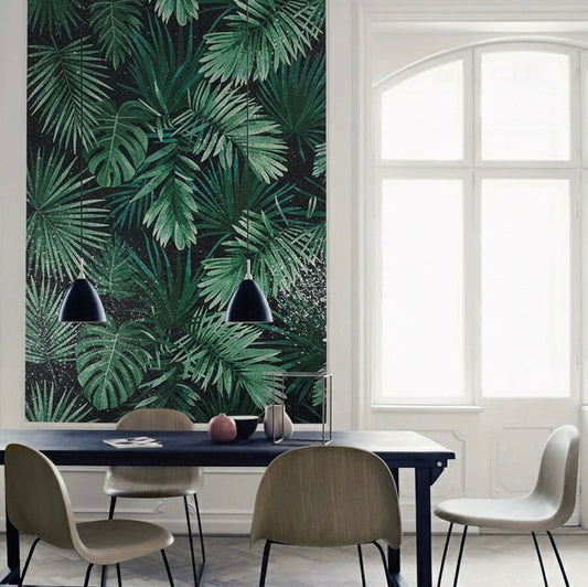 Lush Tropical Palm Leaf Glass Mosaic Mural - Custom-Sized Rainforest Art