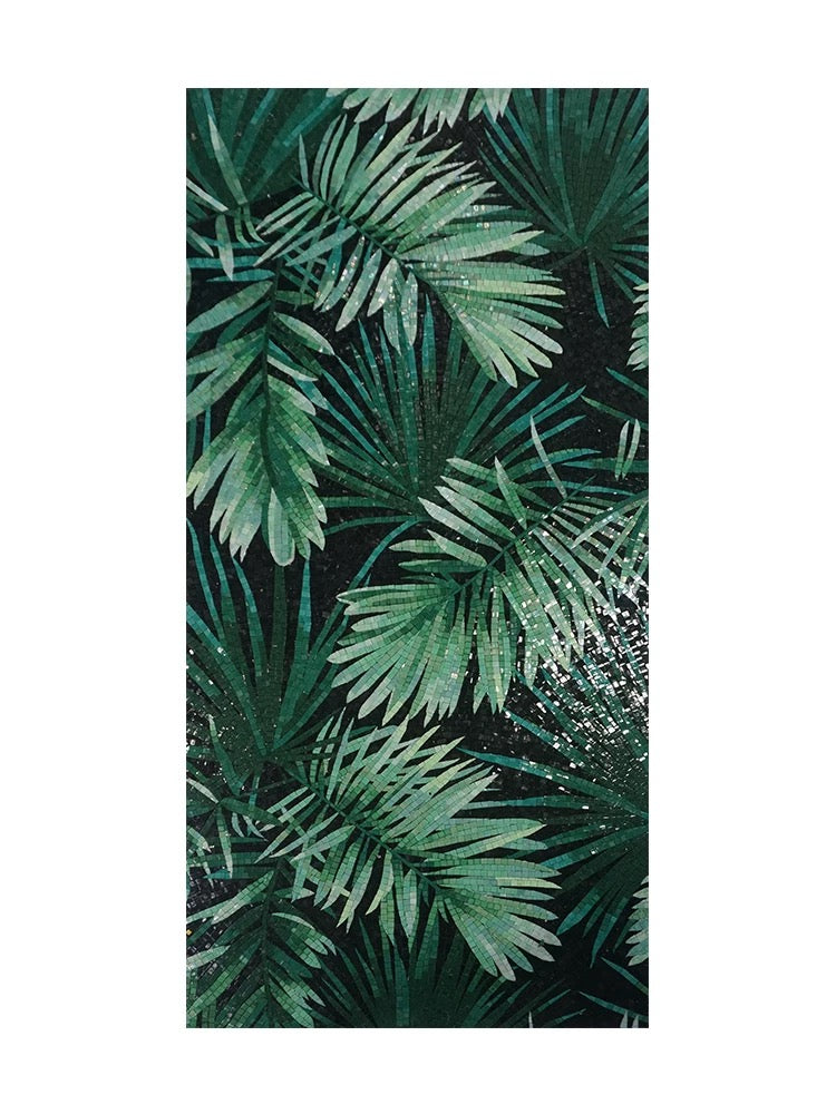 Lush Tropical Palm Leaf Glass Mosaic Mural - Custom-Sized Rainforest Art