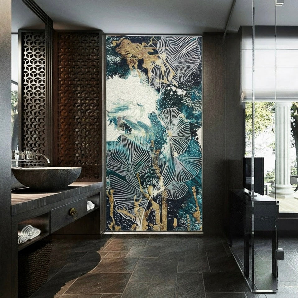 Luxury Abstract Floral Glass Mosaic Mural - Custom Handcrafted Tile Art with Gold Accents for Modern Bathrooms & Living Spaces