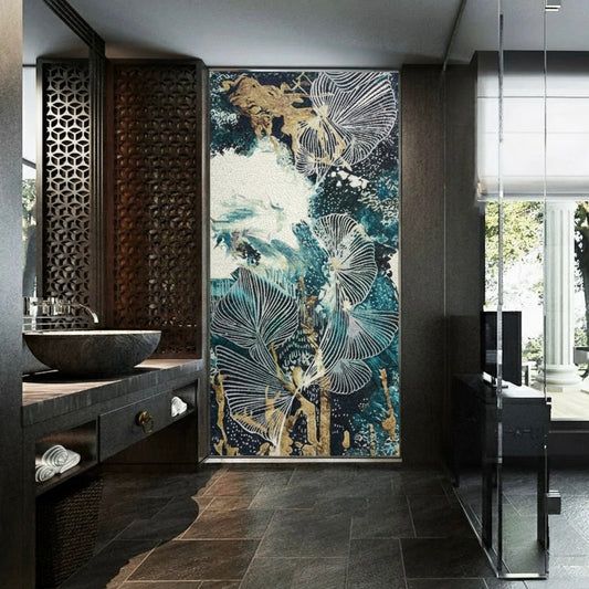 Luxury Abstract Floral Glass Mosaic Mural - Custom Handcrafted Tile Art with Gold Accents for Modern Bathrooms & Living Spaces