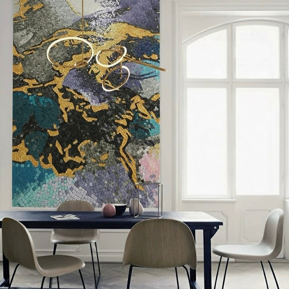 Luxury Abstract Mosaic Mural with Gold Accents - Custom Glass Tile Art for Modern Entryway