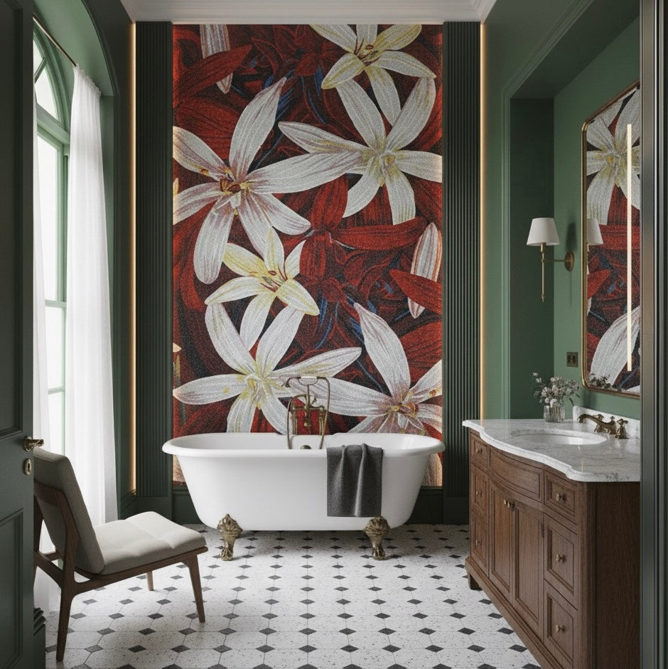 Bathroom with floral mosaic mural, freestanding bathtub, and wooden vanity.