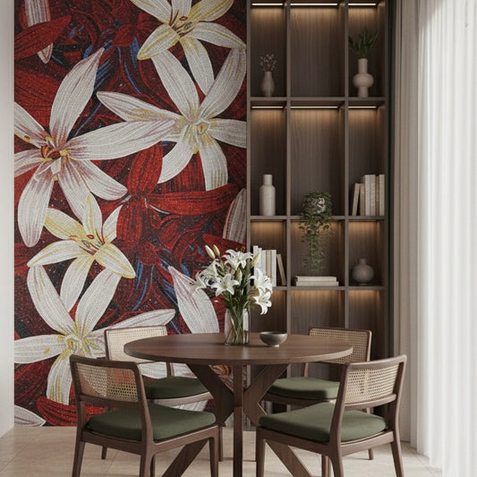 Dining room with floral mosaic wall mural and round table