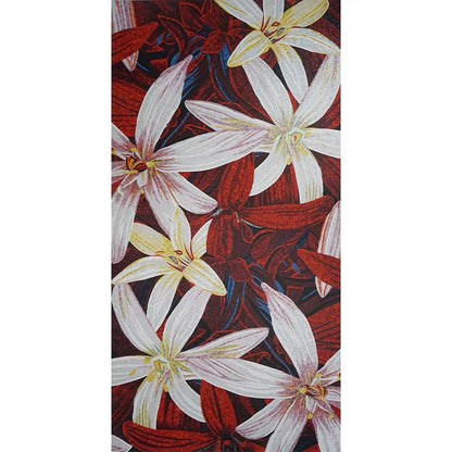 Floral mosaic mural with white flowers on a red and brown background