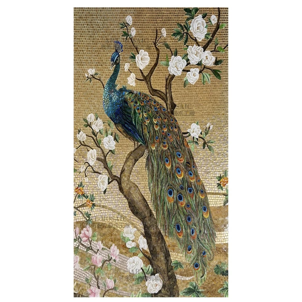 Decorative mosaic of a peacock on a branch with flowers on a beige background