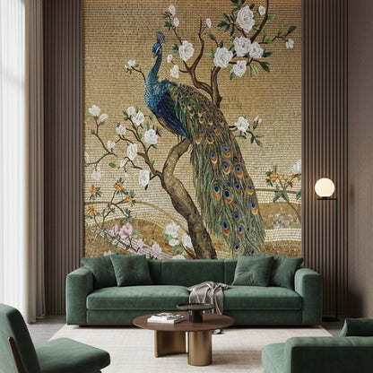 Living room with a green sofa and peacock mosaic wall art.