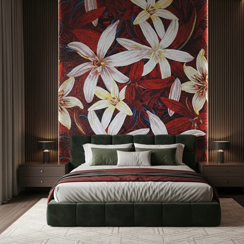 Decorative floral mosaic mural in a bedroom with a bed and nightstands.