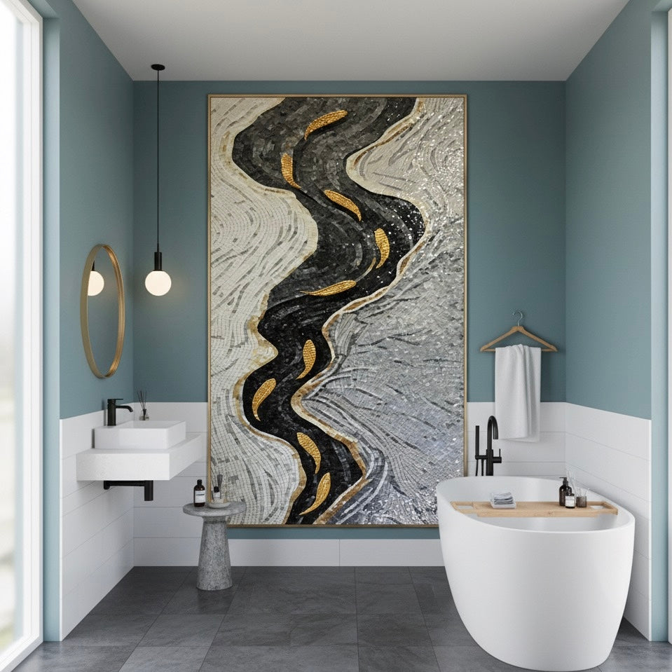 Luxury Golden Koi River Glass Mosaic Mural | BVM Home