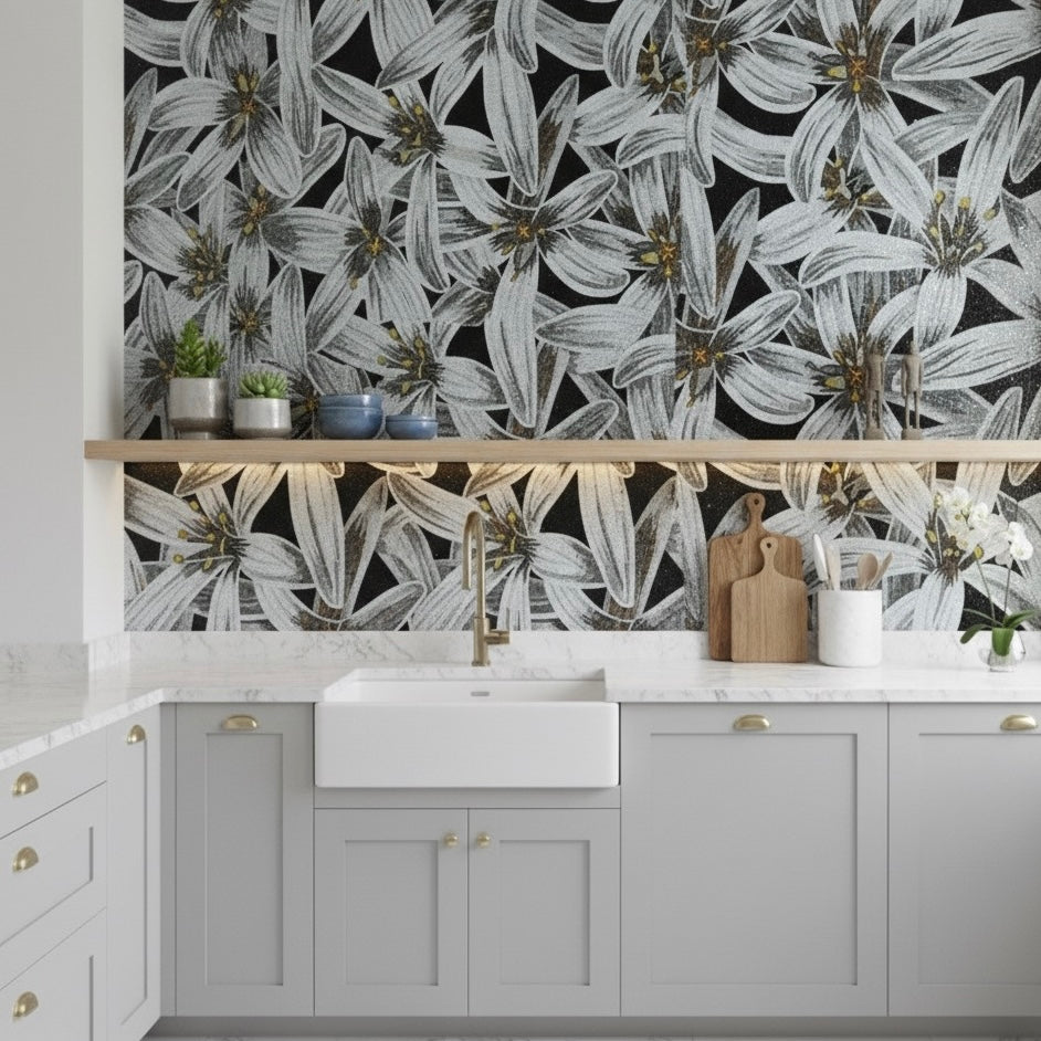 Luxury White Floral Bloom Glass Mosaic Mural - Custom Botanical Tile Art
