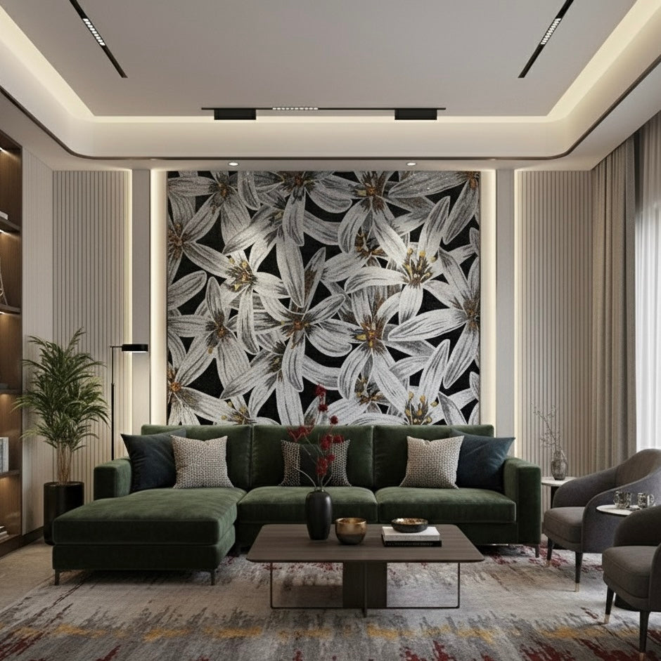 Luxury White Floral Bloom Glass Mosaic Mural - Custom Botanical Tile Art