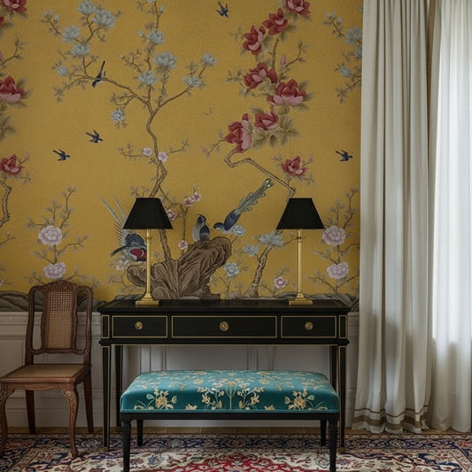 Majestic Chinoiserie Wallpaper Mural | Hand-Painted Effect Birds & Blossoms on Gold