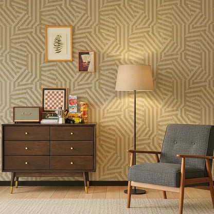 Mid-Century Modern Geometric Maze Wallpaper Mural - Non-Pasted Tan