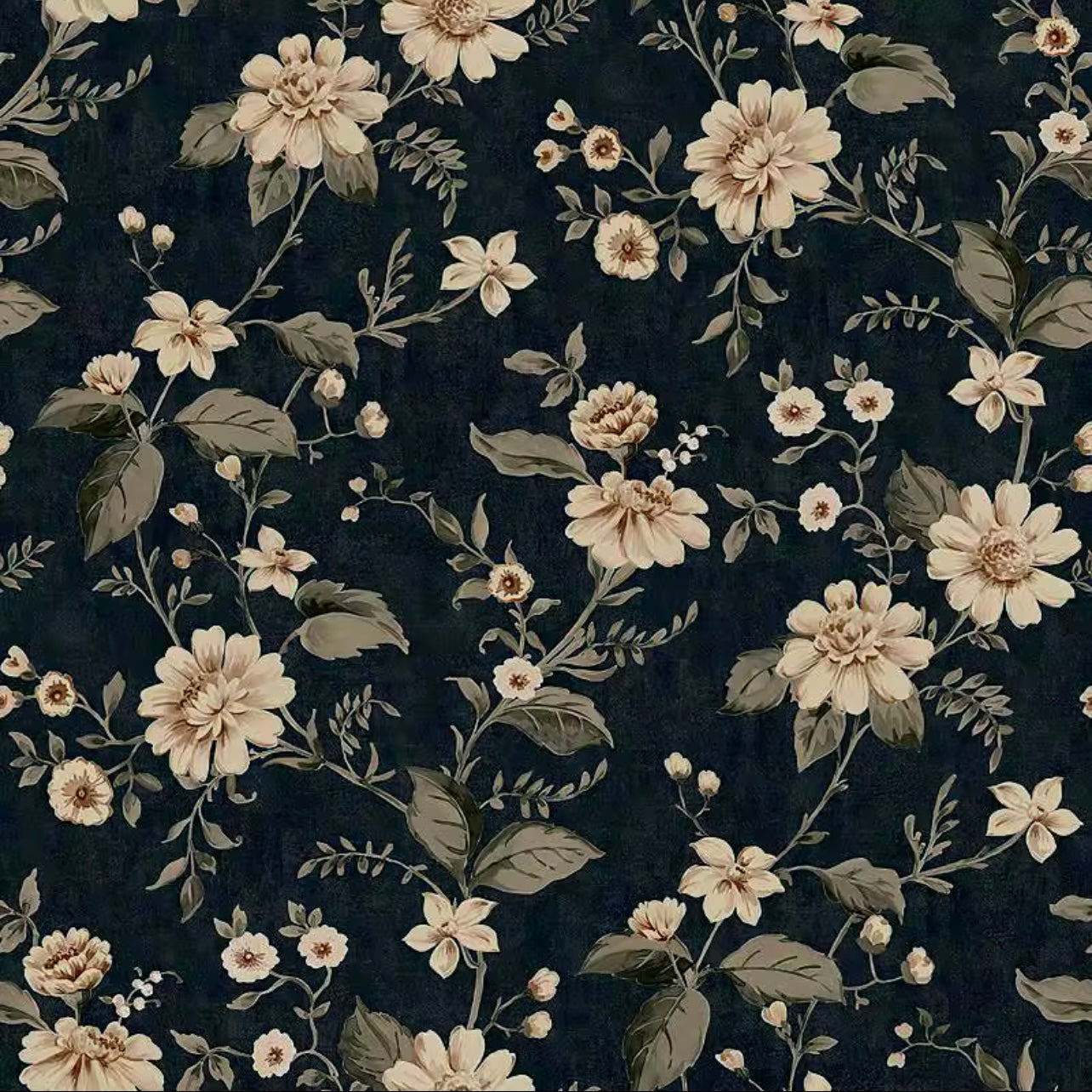 Midnight Botanical Floral Wallpaper Mural | Vintage Cottagecore Navy Non-Pasted Wallcovering