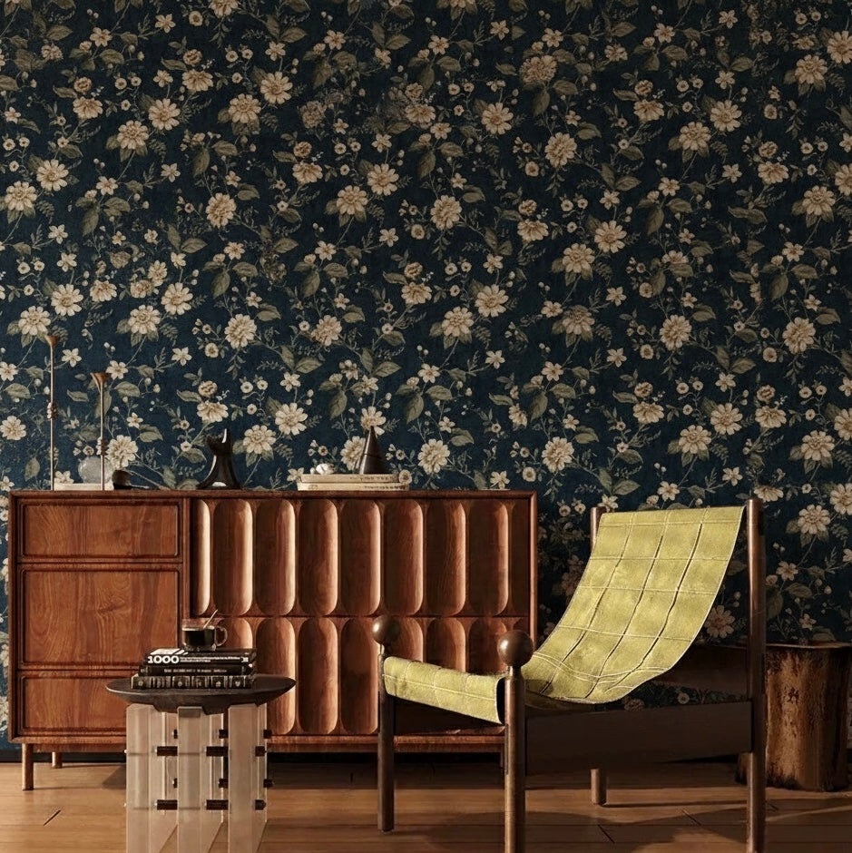 Midnight Botanical Floral Wallpaper Mural | Vintage Cottagecore Navy Non-Pasted Wallcovering