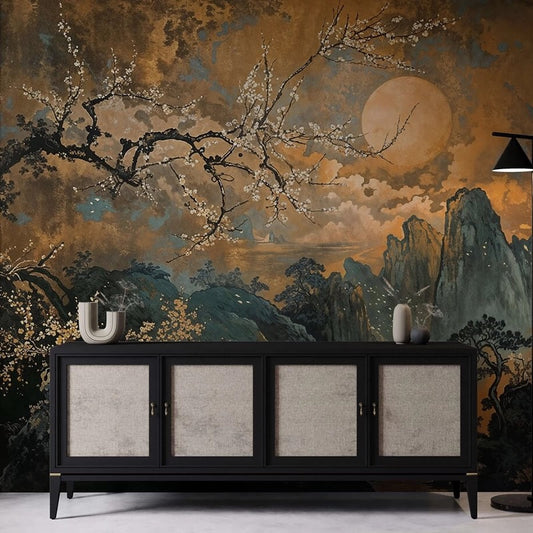 Midnight Plum Blossom & Golden Moon Chinoiserie Wall Mural - Japanese Landscape Art Wallpaper