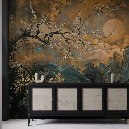 Midnight Plum Blossom & Golden Moon Chinoiserie Wall Mural - Japanese Landscape Art Wallpaper