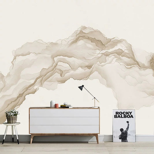 Room interior with a large beige mountain mural on the wall, a white dresser, and a 'Rocky Balboa' poster.