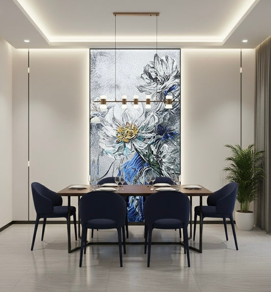 Monochromatic Bloom Custom Glass Mosaic Mural - Gray, White & Blue Floral Art