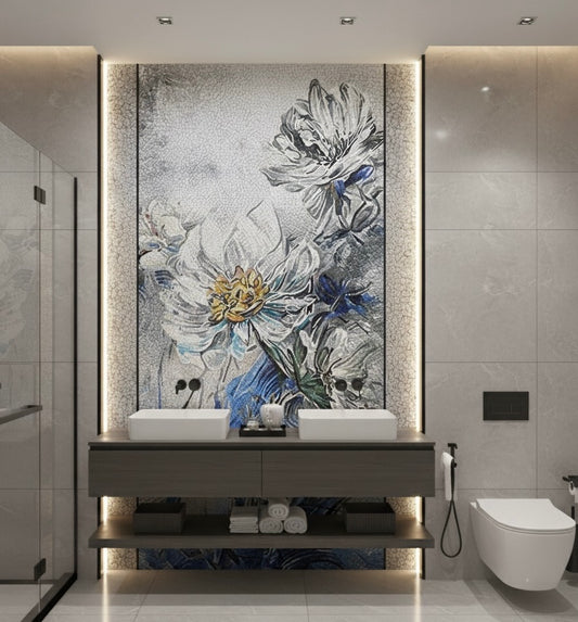 Monochromatic Bloom Custom Glass Mosaic Mural - Gray, White & Blue Floral Art