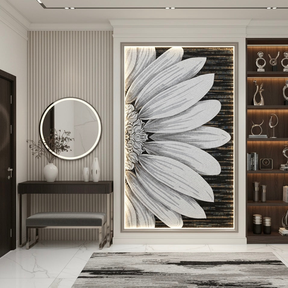 Monochromatic Giant Bloom Custom Glass Mosaic Mural - Black & White Floral Art