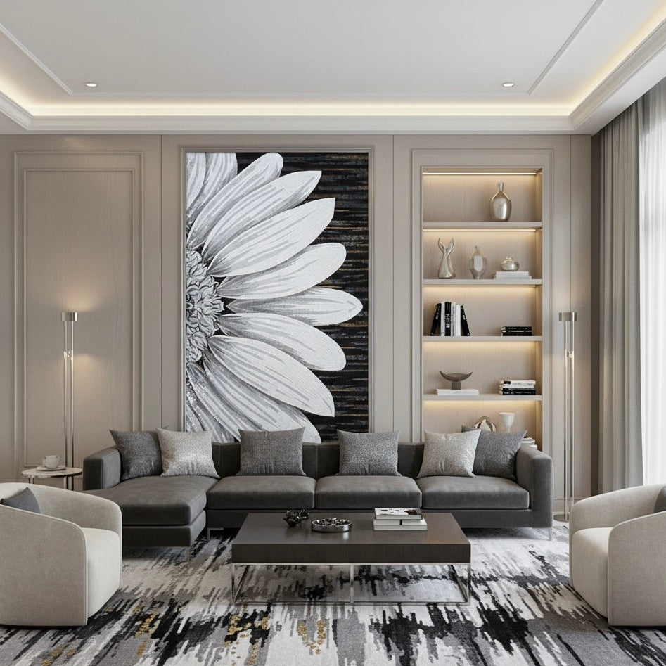 Monochromatic Giant Bloom Custom Glass Mosaic Mural - Black & White Floral Art