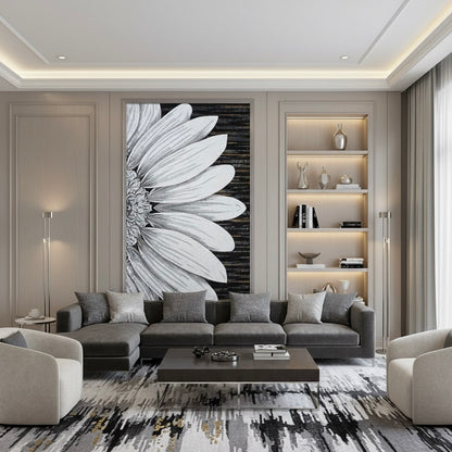 Monochromatic Giant Bloom Custom Glass Mosaic Mural - Black & White Floral Art