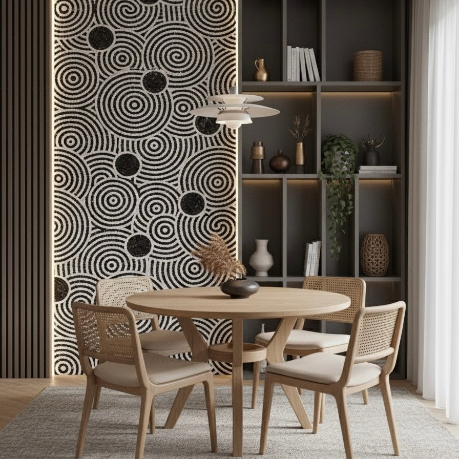 Dining room with round table and wicker chairs against a decorative mosaic wall mural.