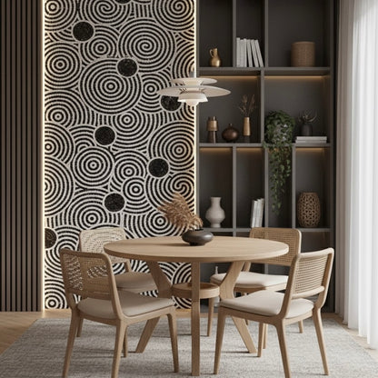 Dining room with round table and wicker chairs against a decorative mosaic wall mural.