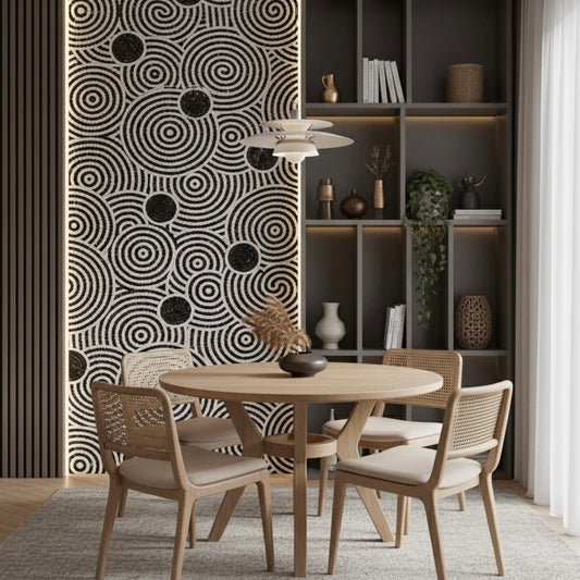 Dining room with round table and wicker chairs against a decorative mosaic wall mural.