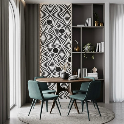 Modern dining room with a round table and green chairs, featuring a decorative mosaic wall mural.
