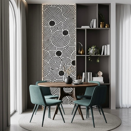 Modern dining room with a round table and green chairs, featuring a decorative mosaic wall mural.