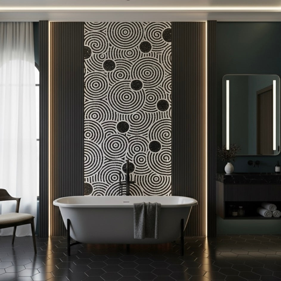 Modern bathroom with freestanding bathtub, mosaic mural and mirror.