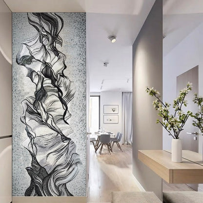 Monochrome Flow Abstract Glass Mosaic Mural - Custom Handcrafted Tile Art for Modern Entryway or Dining Room