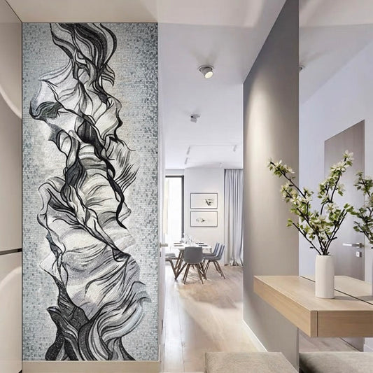 Monochrome Flow Abstract Glass Mosaic Mural - Custom Handcrafted Tile Art for Modern Entryway or Dining Room