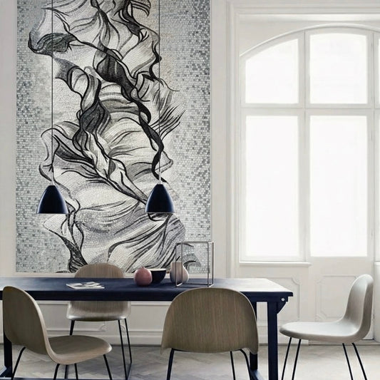 Monochrome Flow Abstract Glass Mosaic Mural - Custom Handcrafted Tile Art for Modern Entryway or Dining Room