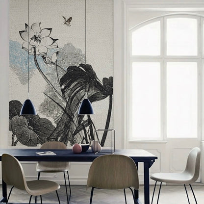Monochrome Ink Lotus Glass Mosaic Mural - Custom Handcrafted Tile Art for Modern Bathroom or Dining Room