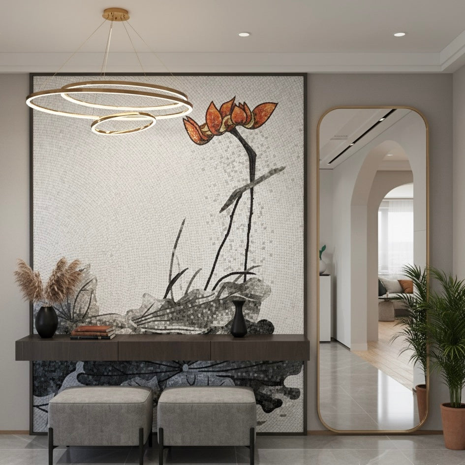 Monochrome Ink Lotus Glass Mosaic Mural - Custom Handcrafted Tile Art for Modern Bathroom or Dining Room