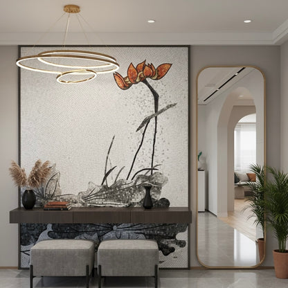 Monochrome Ink Lotus Glass Mosaic Mural - Custom Handcrafted Tile Art for Modern Bathroom or Dining Room