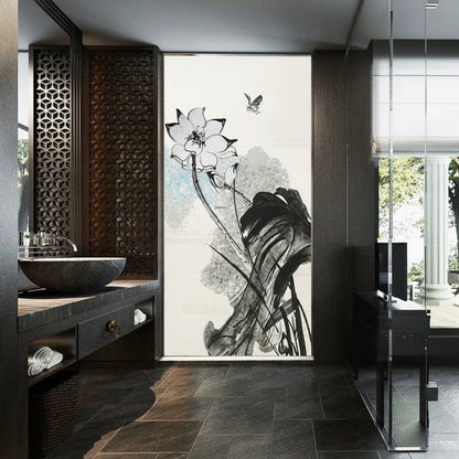 Monochrome Ink Lotus Glass Mosaic Mural - Custom Handcrafted Tile Art for Modern Bathroom or Dining Room