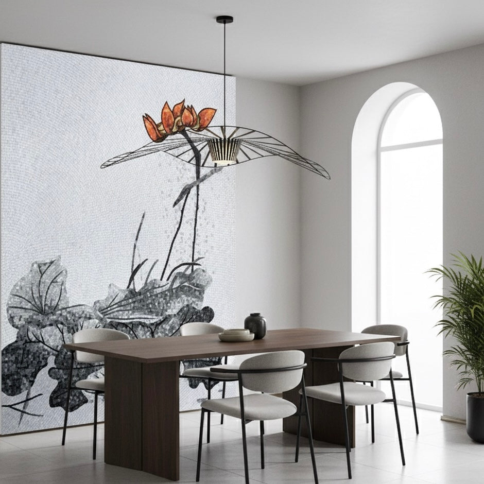 Monochrome Ink Lotus Glass Mosaic Mural - Custom Handcrafted Tile Art for Modern Bathroom or Dining Room