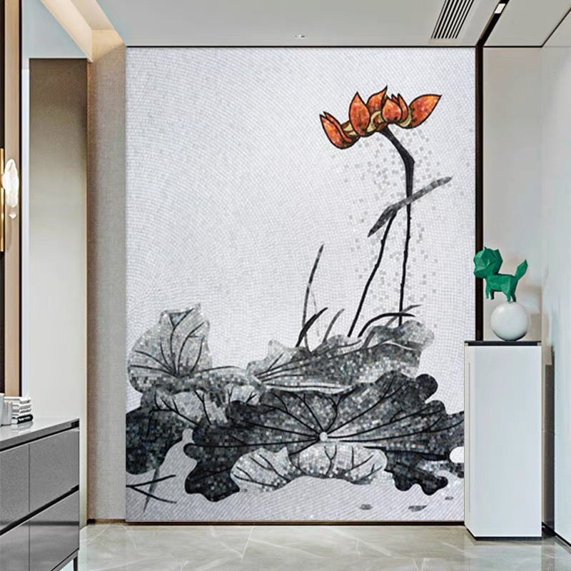 Monochrome Ink Lotus Glass Mosaic Mural - Custom Handcrafted Tile Art for Modern Bathroom or Dining Room