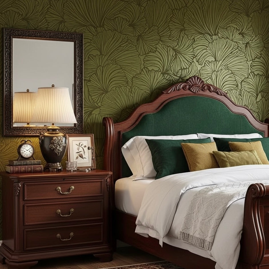 Moody Olive Green Botanical Silhouette Mural - Non-Pasted Textile Texture