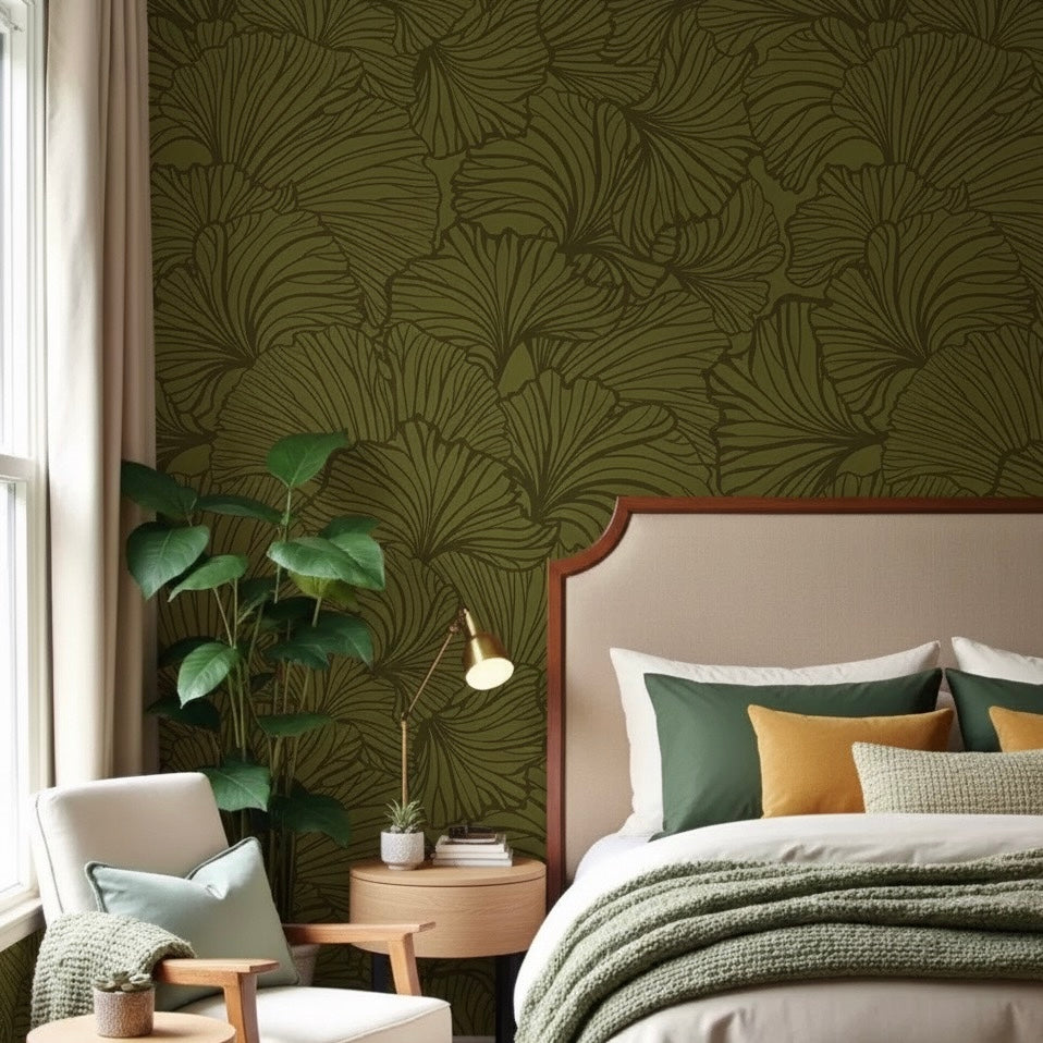 Moody Olive Green Botanical Silhouette Mural - Non-Pasted Textile Texture