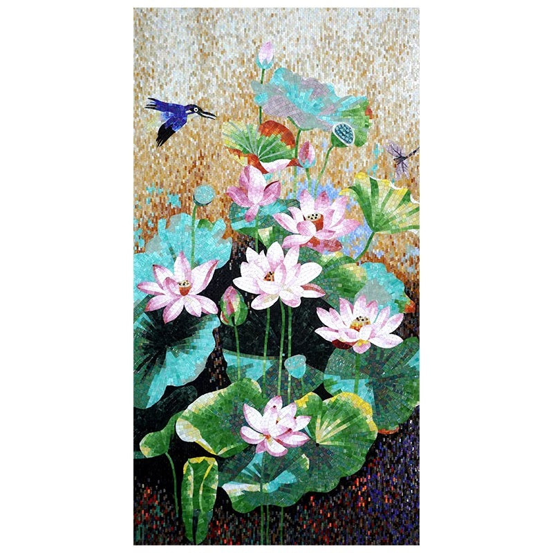 Custom Glass Mosaic Mural: Elegant Pink Lotus Flower & Kingfisher Art