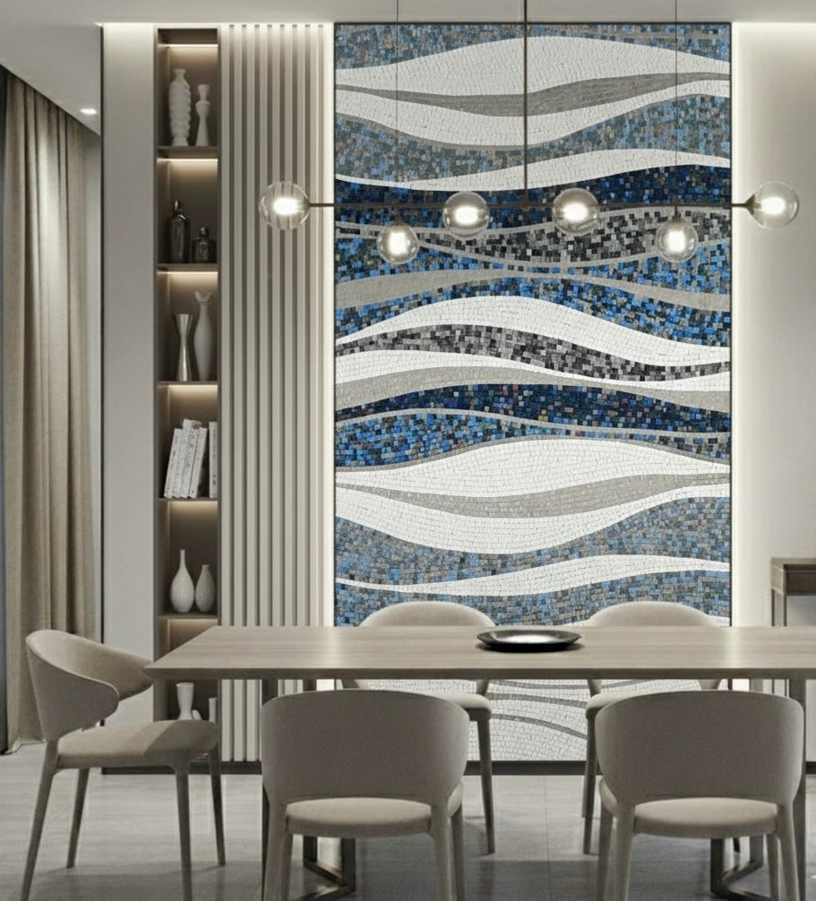 Ocean Flow: Custom Blue & White Abstract Wavy Glass Mosaic Mural