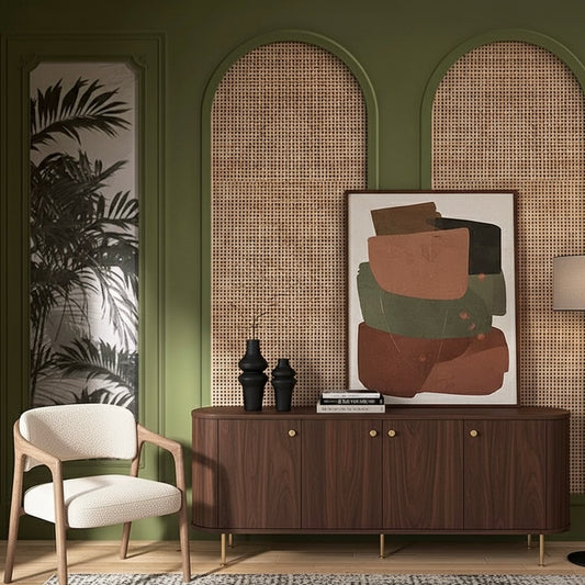 Olive Green Cane Arch Custom Wallpaper Mural - Non-Pasted, Tropical Modern Panel