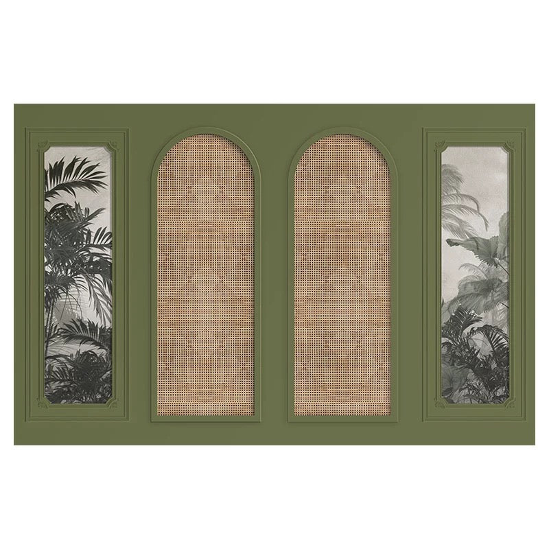 Olive Green Cane Arch Custom Wallpaper Mural - Non-Pasted, Tropical Modern Panel