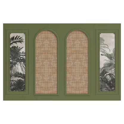 Olive Green Cane Arch Custom Wallpaper Mural - Non-Pasted, Tropical Modern Panel